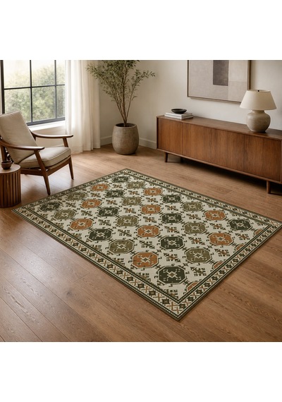 Kartela Halı Afgan Türkmen Desenli Otantik Halı Zeytin Kaymaz Taban Makinede Yıkanabilir 100x150 Cm