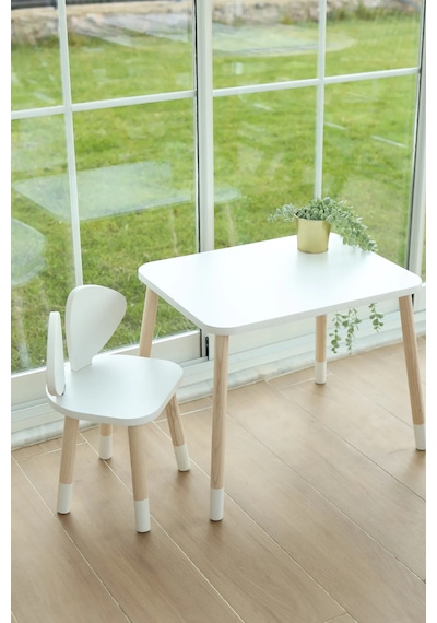 White Mickey Fare 1 Masa + 1 Sandalye (Çocuklar için Yaz-Sil Montessori Aktivite ve Etkinlik Masa Sandalye Takımı)