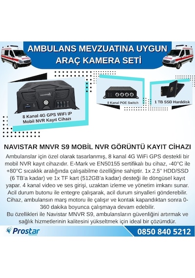 Ambulans Mevzuatına Uygun 2 Kameralı 8 Kanal Mobil Nvr 1 Tb 7 İnç Monitörlü Tak Kullan Set