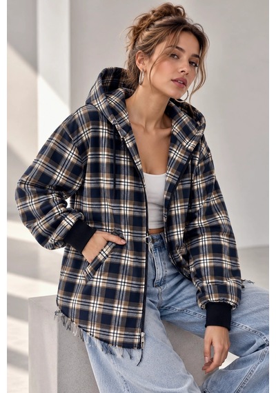 Bb Butik Basic Kapüşonlu Fermuarlı Oversize Ekose Oduncu Gömlek Ceket Kadın Rahat Mevsimlik Günlük Tr0935 Lacivert