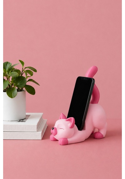 Pembe Kedi Figürlü Telefon Tutucu Stand - 3d Baskı Ofis Masaüstü Aksesuarı Ve Biblo