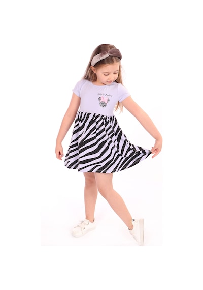 Toontoy Kız Çocuk Little Yazılı Etek Kısmı Zebra Desen Baskılı Elbise Mavi