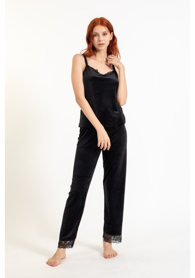 Pemilo Kadın 13402-1 Dantelli Sabahlık Kadife Pijama Takım SİYAH-Siyah