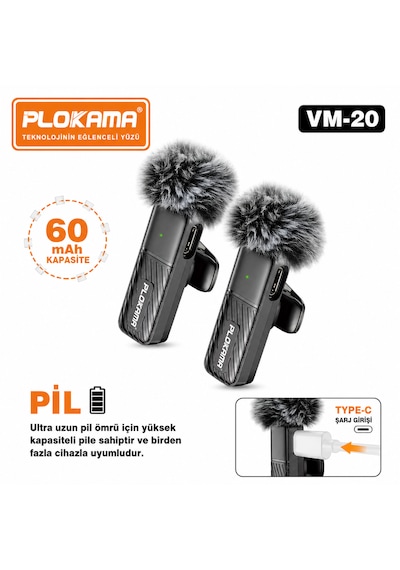 Vm-20 Kablosuz Yaka Mikrofonu 2.4g Bağlantı 25m Çekim Mesafe İçerik Üreticileri Mobil Video Ve Canlı Yayın İçin