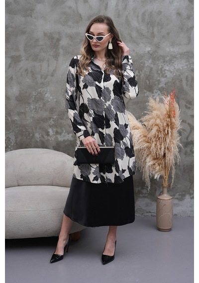 Polologin Butik Siyah Beyaz Yaprak Desenli Gömlek Tunik Siyah & Beyaz