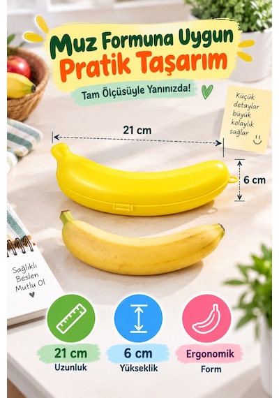 Muz Saklama Kutusu 21 Cm Sarı Muz Koruyucu Beslenme Kabı Çanta Okul Spor Seyahat İçin Pratik Aparatı