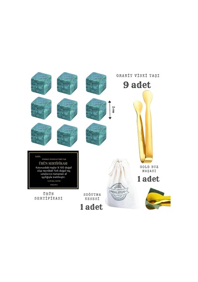 9 Adet Granit Mermer Viski Taşı Ve Gold Buz Maşası Seti Hediye Paketli