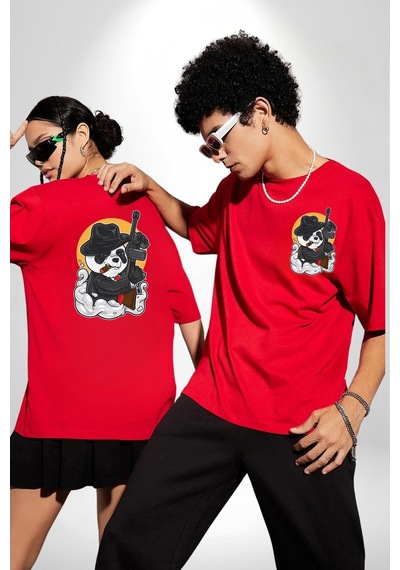 Gangster Panda Kırmızı Oversize Unisex Ön Ve Sırt Baskılı Tişört Kırmızı
