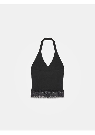Dilvin 10868 Dantel Detaylı Halter Yaka Triko Bluz-siyah