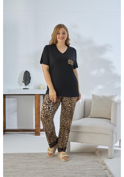 Sevim Kadın Büyük Beden Kısa Kol Siyah Pijama Takım C6t5n841 001