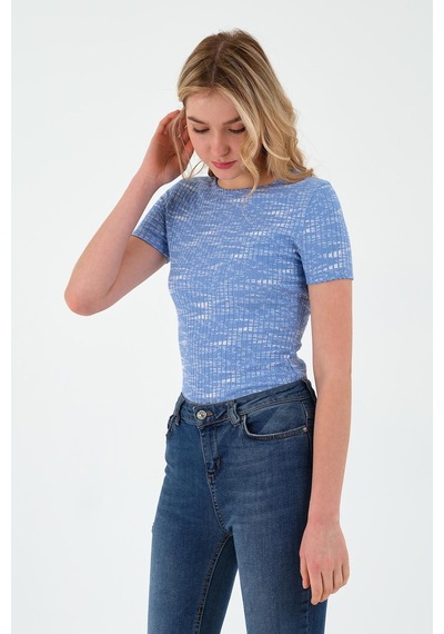 Kadın Basic Kaşkorse Kumaş T-shirt Mavi