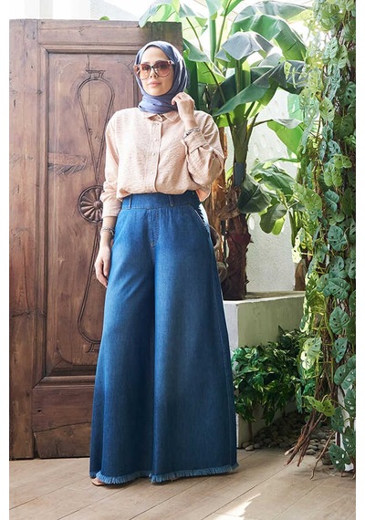 1153-denim Püsküllü Pantolon Etek Koyu Mavi Koyu Mavi