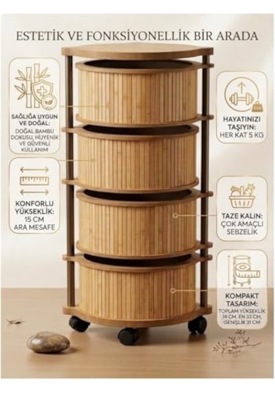 Bambu 3 Katlı Organizer Raf 43x33x98 Cm - Çok Amaçlı Banyo Mutfak Ve Balkon Düzenleyici Çok Renkli