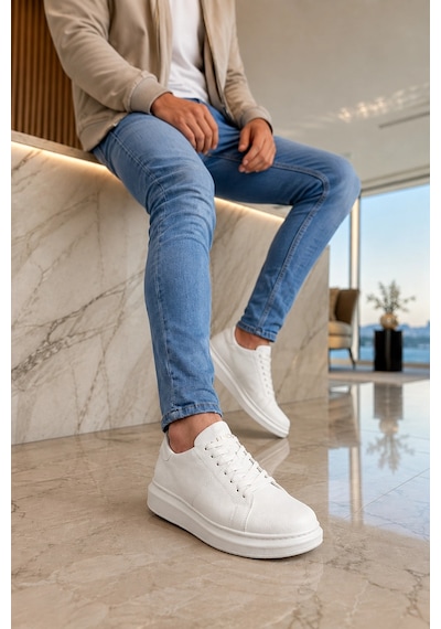 Mevese Tsoob Bağcıklı Cilt Erkek Günlük Rahat Taban Sneaker Ayakkabı - Beyaz