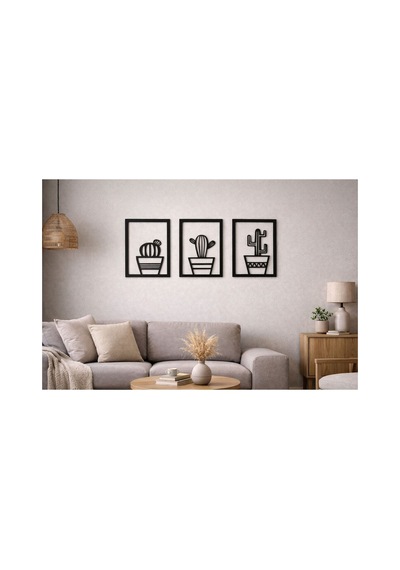Arliadesign 3 Parçalı Kare Şeklinde Kaktüsler Ahşap Tablo Seti / Duvar Dekoru / Siyah 3 Mm Mdf
