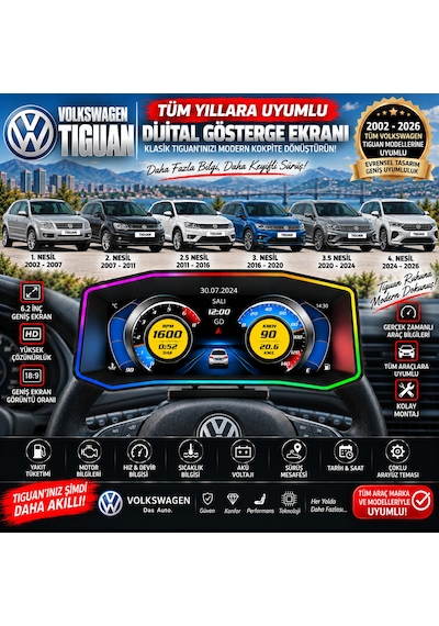 Volkswagen Tiguan 2007-2026 Model Uyumlu Harici Digital Gösterge Odb Ekran Arıza Göstergesi Turbo Gösterge Hayalet Ekran
