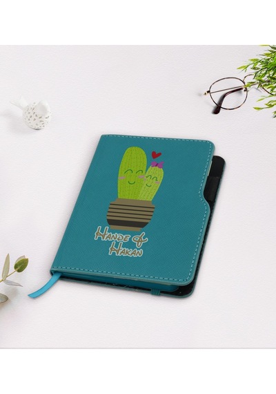 Kişiye Özel Kaktüs Tasarımlı Turkuaz Termo Deri Defter-13 Yeşil