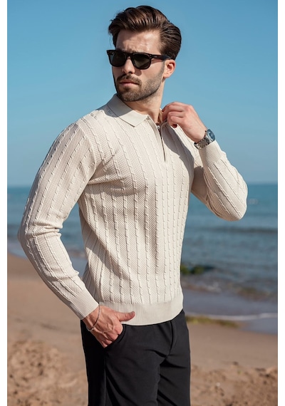 Madmext Taş Rengi Polo Yaka Örgü Desenli Triko Erkek Kazak E7507