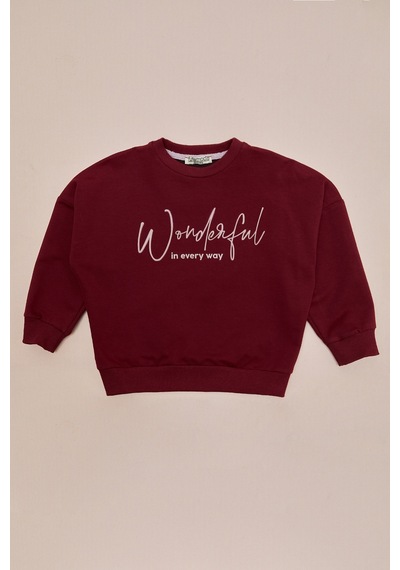 Fullamoda Kabartma Baskılı Oversize Kız Çocuk Sweatshirt Bordo