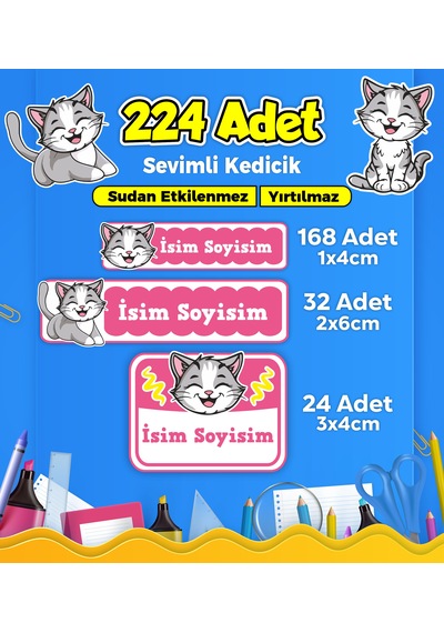 Sevimli Kedi Temalı Okul Kreş Kişiye Özel İsim Etiket Seti - Model 379 Çok Renkli