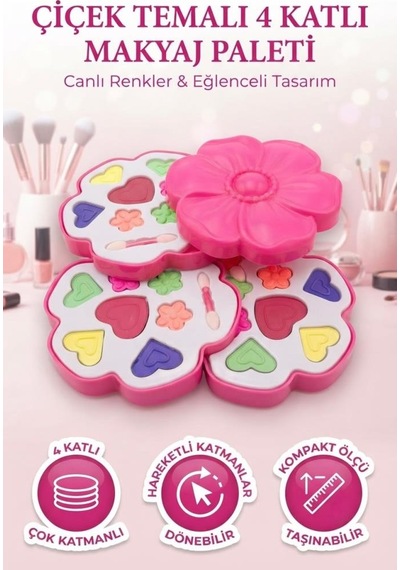 Pembe Çiçek Tasarımlı 3 Katlı Sevimli Pembe Çiçek Kutu Tasarımlı Çocuk Makyaj Seti