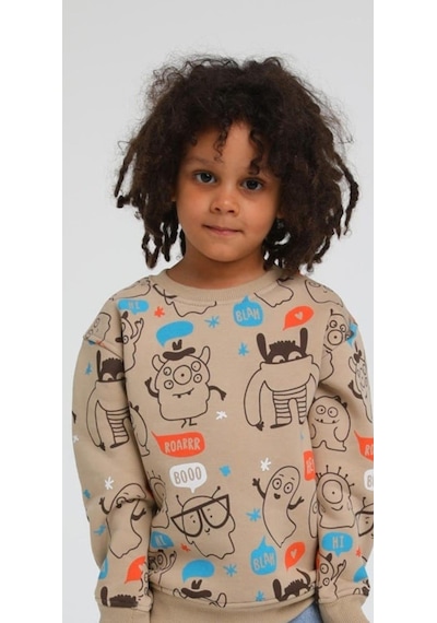 Jack Lions Erkek Çocuk Pamuklu Üç İplik Figür Desenli Sweatshirt-13621 Camel