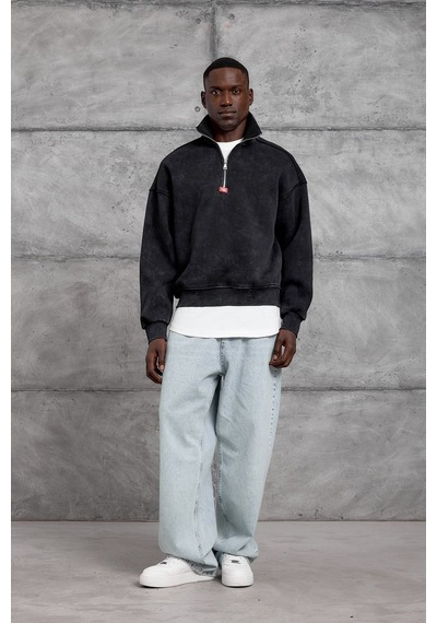 Hiccup Nomarc Bol Kesim Yarım Fermuarlı Uzun Kollu Sweatshirt Siyah