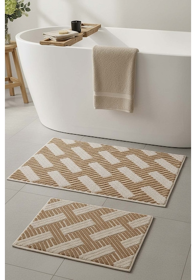 Çizgili Rustik 2 Li Banyo & Klozet Paspas Takımı Kahverengi