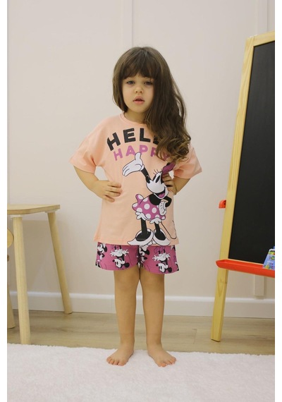 Miniko Kids Kız Çocuk Mickey Modelli Pamuk Şortlu Takım Pudra