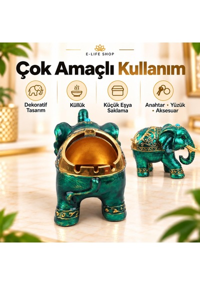 Lüks Alaşım Metal Fil Figürlü Kapaklı Dekoratif Küllük Ve Takı Saklama Kutusu Metal Biblo 18 X 12 Cm 28643038