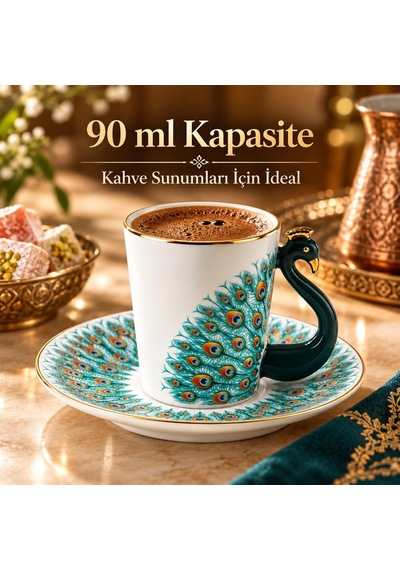 Valkyrie Peacock Serisi 6 Kişilik 12 Parça Tavus Kuşuporselen Türk Kahvesi Fincan Takımı 90ml Yeşil