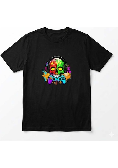 Erkek Kuru Kafa Oyun Konsolu Baskılı Pamuklu T-shirt Siyah