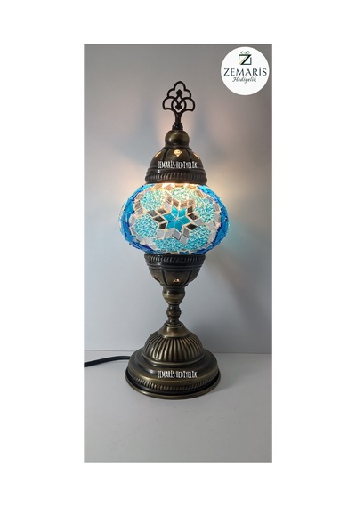 El Yapımı Otantik Mozaik Masa Lambası Yüksek Boy Mavi - 820076288 Mavi
