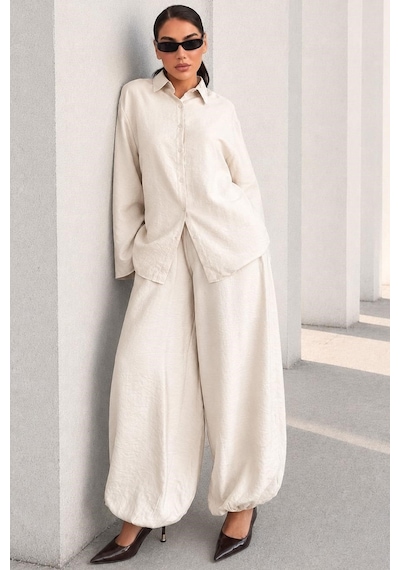Madmext Bej Oversize Gömlek Balon Pantolon Kadın Takım Mg2779