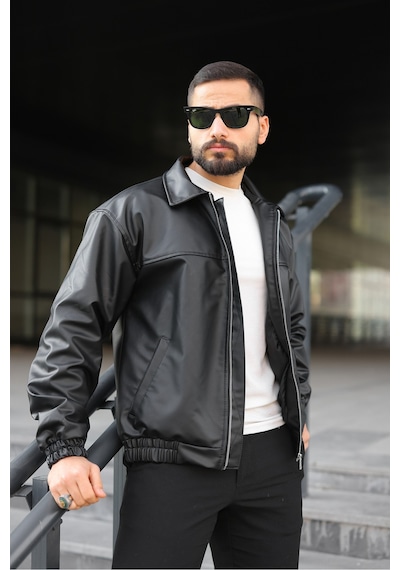 Oversize Erkek Deri Ceket Siyah Billderi