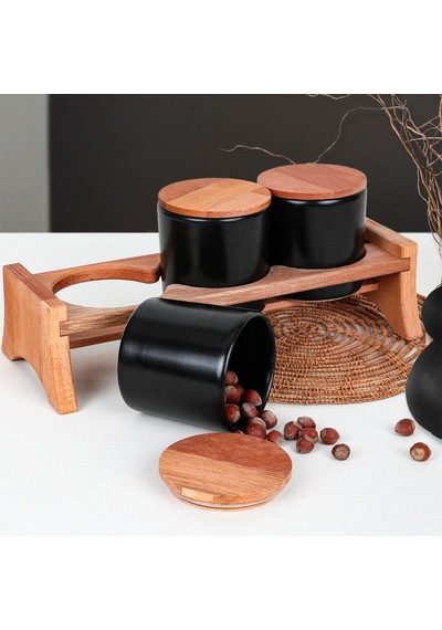 Keramika Ahşap Standlı Mat Siyah Ege Saklama Kabı 10 Cm 4 Parça Mat Siyah