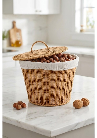 Atbyhome Kapaklı Bezli Hasır Patates Soğan Sepeti - 28x23 Cm Mutfak Düzenleyici Kahverengi