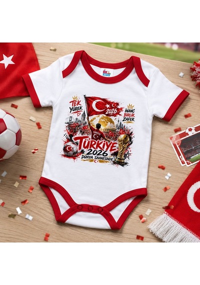 Bk Gift Türkiye Taraftar Temalı 2026 Dünya Kupası Tasarımlı Kırmızı Bebek Body Zıbın-8 Tek Yürek Milli Takım Ruhu