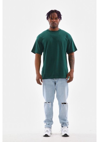 Erkek Düz Yazlık Kısa Kol Tişort Bisiklet Yaka Oversize T-shirt - Koyu Yeşil