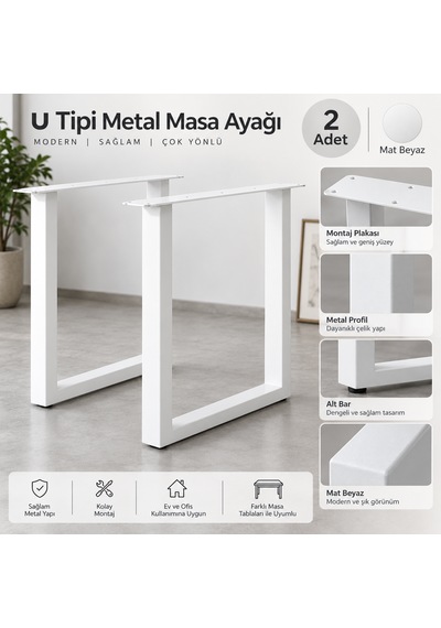 Evkolleksiyon U Tipi Metal Masa Ayağı 2'li Takım 72x60 Cm Beyaz