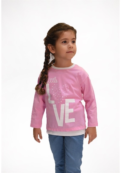 Luess Love Baskılı Garni Detaylı Uzun Kol Kız Çocuk T-shirt Pembe