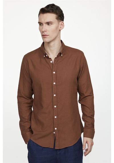 Tudors Slim Fit Uzun Kol Biyeli Yaka Düğmeli Keten Erkek Kahve Gömlek-27198-Kahve Kahverengi Tudors Slim Fit Uzun Kol Biyeli Yaka Düğmeli Keten Erkek Kahve Gömlek-27198-Kahve Kahverengi