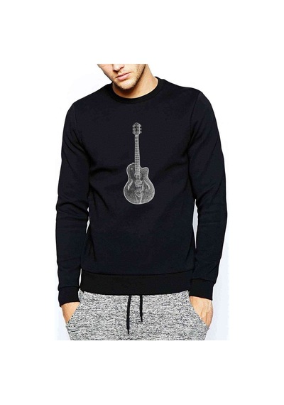 Drawing Classic Guitar Baskılı Siyah Erkek Örme Sweatshirt