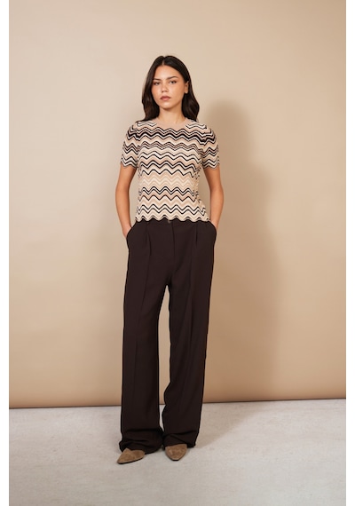 Zigzag Desenli Kısa Kol Bisiklet Yaka Triko Kazak CAMEL
