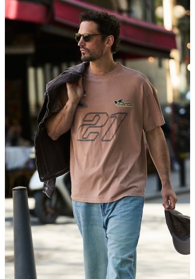 Grımelange Spıez Erkek %100 Organik Pamuklu Yıkama Ve Baskı Detaylı Regular Vizon T-shirt