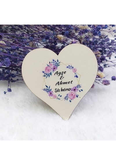 Prizma Çiçekli Kalp Ahşap Nikah Magnet UV Baskı Nişan He(30 Adet)