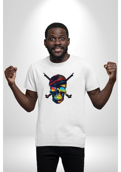 Korsan Kurukafa Unisex Unisex Beyaz Organik Baskılı T-shirt Penye Yüksek Kalite Beyaz