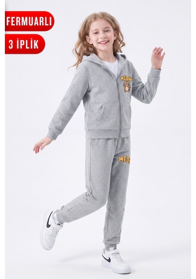 Fyk Kids 3 İplik Baskılı Fermuarlı Kız Çocuk Eşofman Takımı Gri