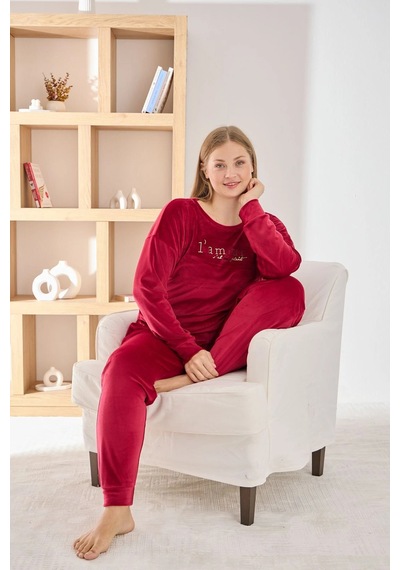 Pijamoni Kadın Yumuşak Kadife Bisiklet Yaka Vişne Pijama Takımı Vişne
