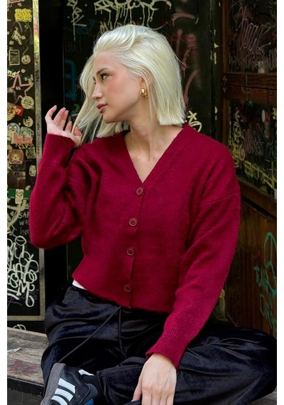 Bordo V Yaka Kadın Triko Hırka Mg2462 Bordo